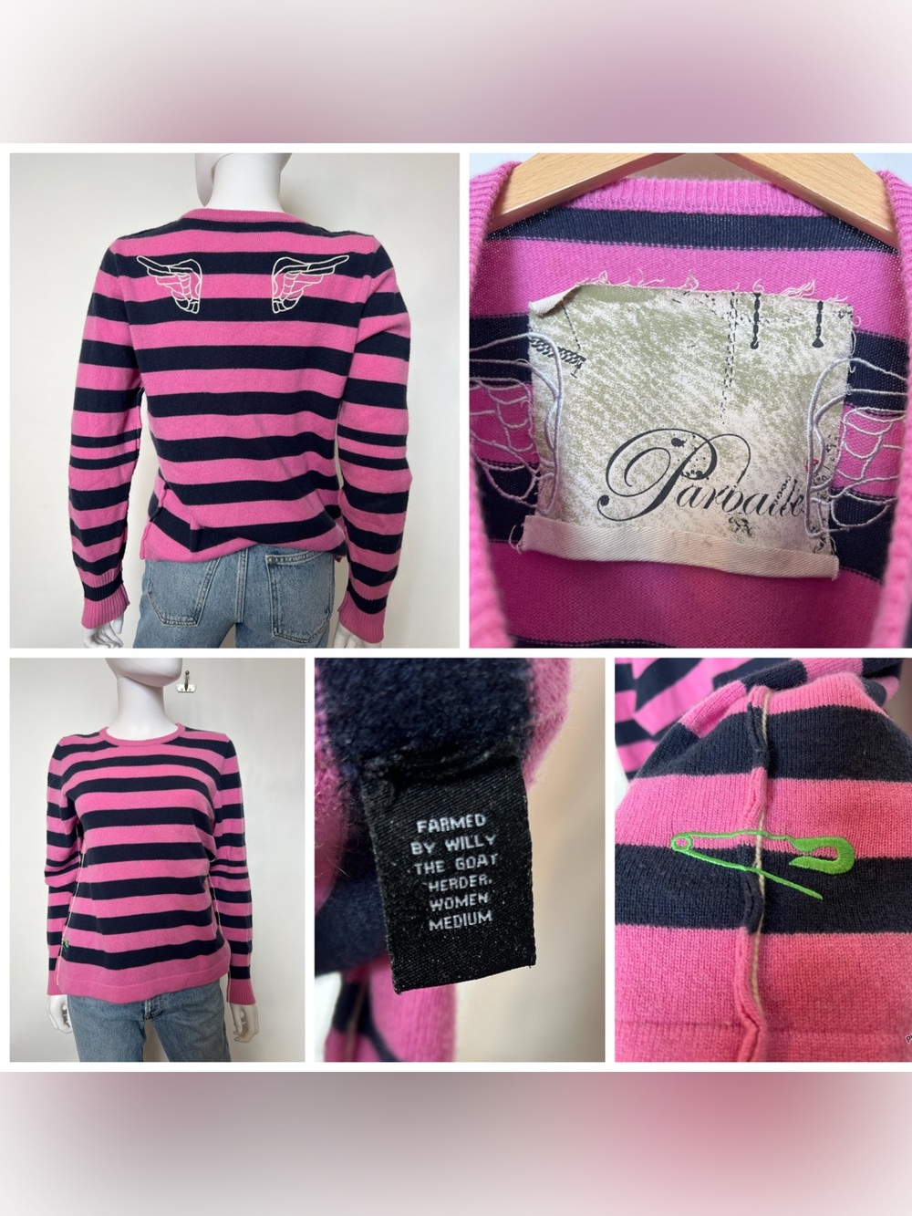 Parballe 100% Cashmere Pink Navy Stripe Wing Embroidered Sweater M Y2K